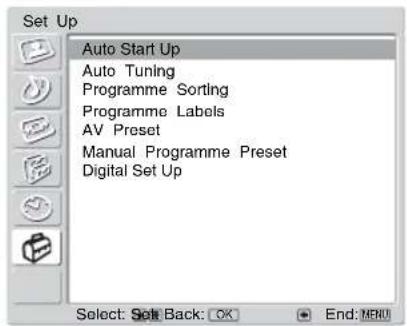 Set Up Auto Start Up Auto Tuning Programme Sorting Programme Labels AV Preset Manual Programme Preset Digital Set Up Select: Set Back: OK End: MENU
