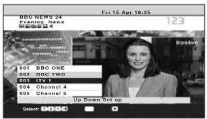 Friday 15 Apr 16:35 BBC NEWS 24 Evening News 00:00:24 123 Boston 001 BBC ONE 002 BBC TWO 003 ITV 1 004 Channel 4 005 Channel 5 Up Down Set up Select ODDOG