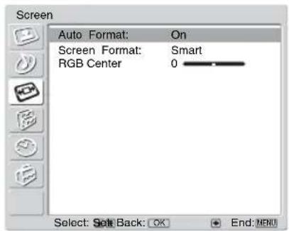 Screen Auto Format: On Screen Format: Smart RGB Center 0 Select: Set Back: OK End: MENU