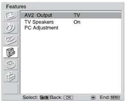 Features AV2 Output TV TV Speakers On PC Adjustment Select: Set Back: OK End: MENU