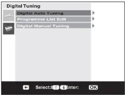 Digital Tuning Digital Auto Tuning Programme List Edit Digital Manual Tuning Select: Enter: OK