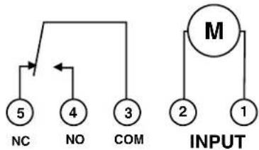 graph TD A["5 NC"] --> B["4 NO"] B --> C["3 COM"] D["M"] --> E["2 INPUT"] F["1"] --> G["2 INPUT"]