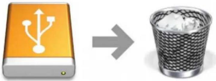 Icon showing a USB drive next to a trash bin, symbolizing data transfer or waste reduction (no text or symbols present)