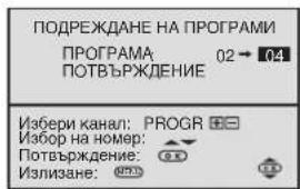 ПОДРЕЖДАНЕ НА ПРОГРАМИ ПРОГРАМА 02 → 04 ПОТВЪРЖДЕНИЕ Избери канал: PROGR Избор на номер: Потвърждение: Излизане:
