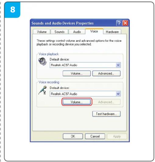 8 Sounds and Audio Devices Properties Volume Sounds Audio Voice Hardware These settings: control volume and advanced options for the voice playback or recording device you selected. Voice playback Default device: Realtek AC97 Audio Volume... Advanced... Voice recording Default device: Realtek AC97 Audio Volume... Advanced... Test hardware... OK Cancel Apply