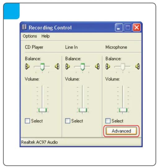 Recording Control Options Help CD Player Line In Microphone Balance: Balance: Balance: Volume: Volume: Volume: Select Select Select Advanced Realtek AC97 Audio