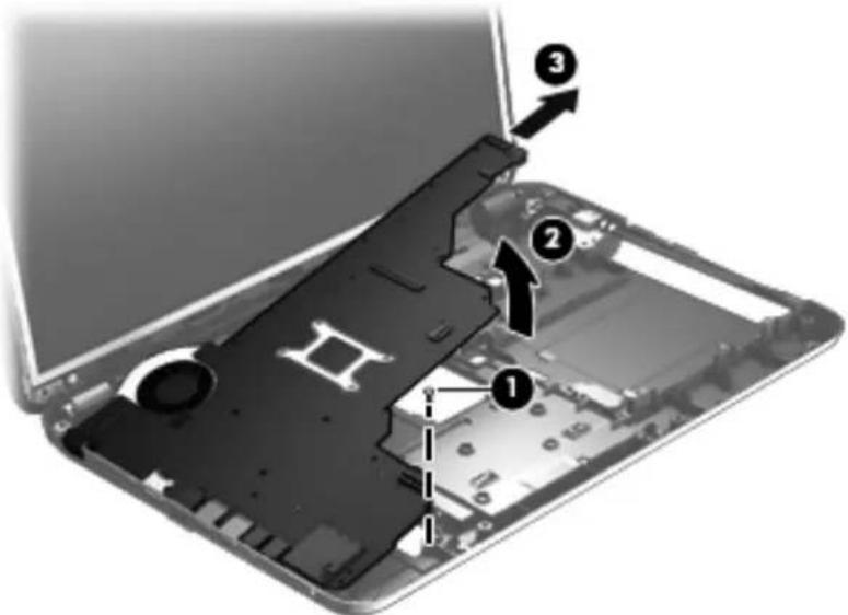 Laptop interior diagram with labeled components and directional arrows indicating assembly or repair steps