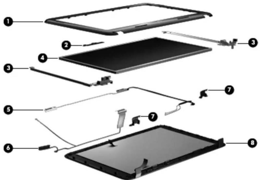 Exploded view diagram of a tablet device with numbered parts for identification