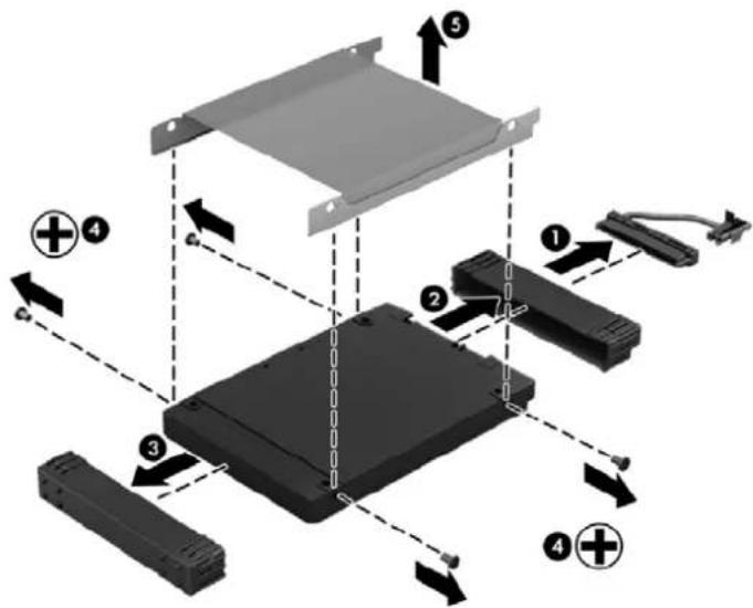 Diagram illustrating the assembly of a hard disk drive with numbered components and directional arrows indicating motion.