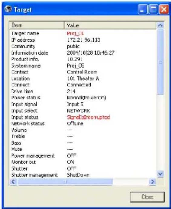 Target Item Value Target name Proj_01 IP address 172.21.96.113 Community public Information date 2004/10/28 10:46:27 Product info. 10.291 System name Proj_CS Contact Control Room Location 101 Theater A Connect Connected Drive time 214 Power status.Normal(PowerOn) Input signal.Input 5 Input select.NETWORK Input status SigndlsInterrupted Network status Offline Volume --- Treble --- Bass --- Mute --- Power management OFF Monitor out ON Shutter OFF Shutter management Shutdown < ...? Close