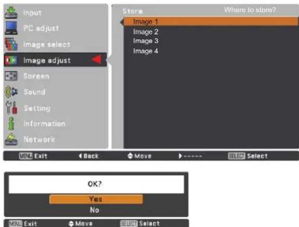 Input PC adjust Image select Image adjust Screen Sound Setting Information Network Store Where to store? Image 1 Image 2 Image 3 Image 4 Back Move Select OK? Yes No Exit Move Select
