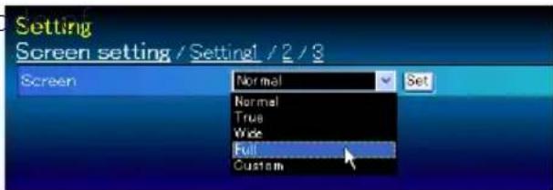 Setting Screen setting / Setting1 / 2 / 3 Screen Normal Set Normal True Wide Full Custom