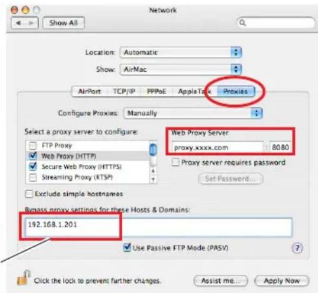 Network Location: Automatic Show: AirMac AirPort TCP/IP PPPoE AppleTask Proxies Configure Proxies: Manually Select a proxy server to configure: FTP Proxy Web Proxy (HTTP) Secure Web Proxy (HTTPS) Streaming Proxy (RTSP) Exclude simple hostnames Bymass proxy settings for these Hosts & Domains: 192.168.1.201 Use Passive FTP Mode (PASV) Click the lock to prevent further changes. Assist me... Apply Now