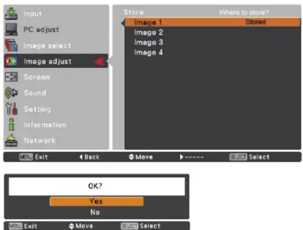 Input PC adjust Image select Image adjust Screen Sound Setting Information Network Store Where to store? Image 1 Stored Image 2 Image 3 Image 4 Menu Exit Back Move ---- SELECT Select OK? Yes No Menu Exit Move SELECT Select