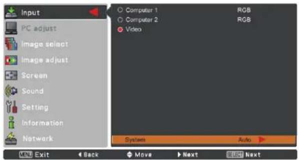 Input PC adjust Image select Image adjust Screen Sound Setting Information Network Computer 1 Computer 2 Video RGB RGB System Auto VND Exit Back Move Next SOD Next