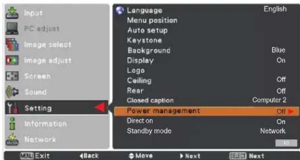 Input PC adjust Image select Image adjust Screen Sound Setting Information Network Language Menu position Auto setup Keystone Background Display Logo Ceiling Rear Closed caption Power management Off Direct on Standby mode On Computer 2 English 12 Exit Back Move Next Next