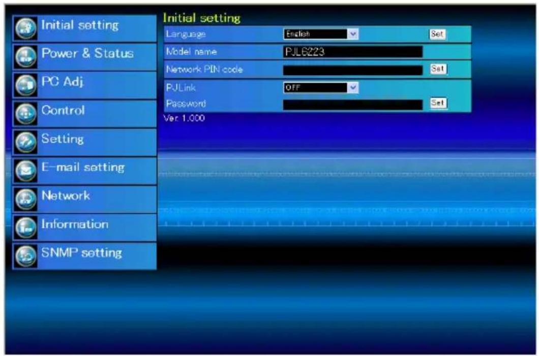 Initial setting Language English Set Model name PJLB223 Network PIN code Set PJLink OFF Password Set Ver 1.000 Initial setting Power & Status PC Adj. Control Setting E-mail setting Network Information SNMP setting