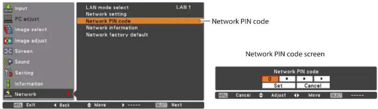 Input PC adjust Image select Image adjust Screen Sound Setting Information Network LAN mode select LAN 1 Network setting Network PIN code Network information Network factory default Network PIN code Network PIN code screen 0 * * Set Cancel Cancel Adjust Move SELECT ---- Exit Back Move ---- Next