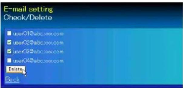 E-mail setting Check/Delete user01@abcxxx.com user02@abcxxx.com user03@abcxxx.com user04@abcxxx.com Delete Back