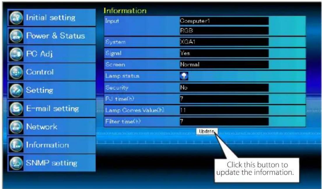 Initial setting Power & Status PC Adj Control Setting E-mail setting Network Information SNMP setting Information Input Computer1 RGB System X(GA1 Signal Yes Screen Normal Lamp status Security No PU time(h) 7 Lamp Comes Value(h) 11 Filter time(h) 7 Update Click this button to update the information.