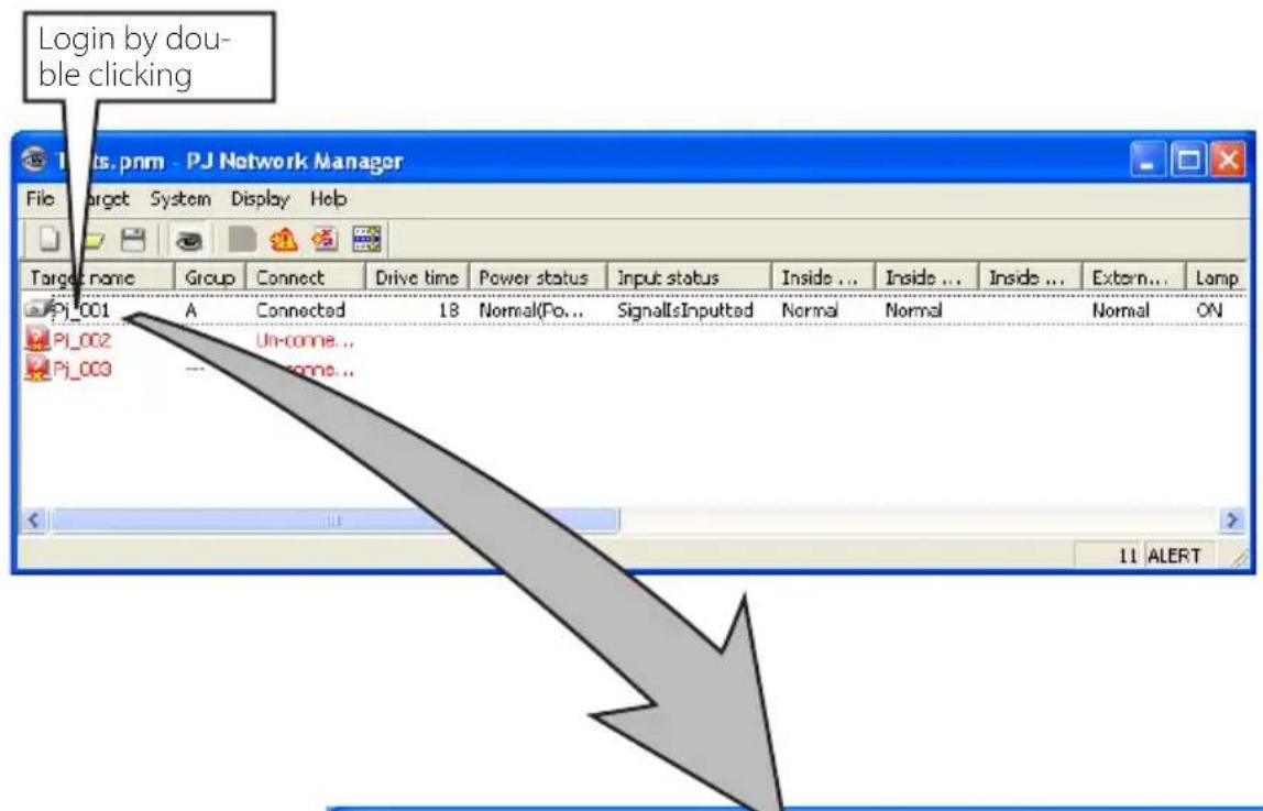 Login by double clicking Pjt. pnm - PJ Network Manager File Target System Display Help Target name Group Connect Drive time Power status Input status Inside ... Inside ... Inside ... Extern... Lomp Pjt_001 A Connected 18 Normal(Fo... SignalsInputted Normal Normal Normal ON Pjt_002 Un-conne.. Pjt_003 ..... 11 ALERT