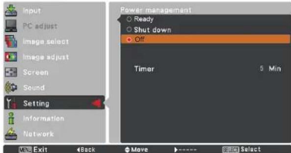 Input PC adjust Image select Image adjust Screen Sound Setting Information Network Power management Ready Shut down Off Timer 5 Min Exit Back Move Select