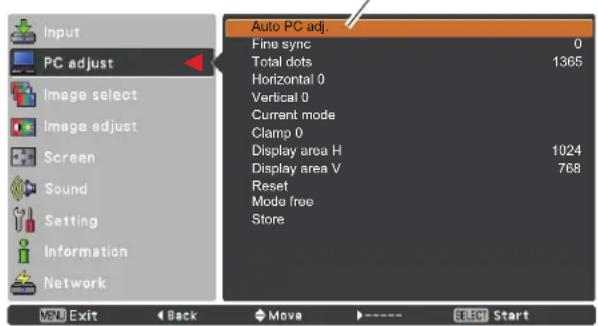 Input PC adjust Image select Image adjust Screen Sound Setting Information Network Auto PC adj. Fine sync 0 Total dots 1365 Horizontal 0 Vertical 0 Current mode Clamp 0 Display area H 1024 Display area V 768 Reset Mode free Store MNU Exit Back Move ---- RECH Start