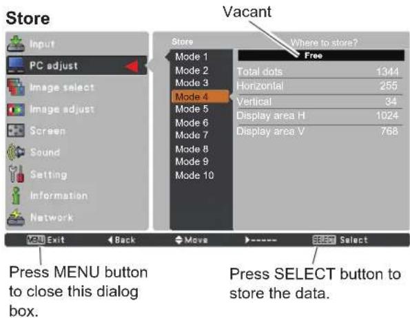 Store Input PC adjust Image select Image adjust Screen Sound Setting Information Network Vacant Store Where to store? Free Mode 1 Total dots 1344 Mode 2 Horizontal 255 Mode 3 Vertical 34 Mode 4 Display area H 1024 Mode 5 Display area V 768 Mode 6 Mode 7 Mode 8 Mode 9 Mode 10 Menu Exit Back Move Select Select Press MENU button to close this dialog box. Press SELECT button to store the data.