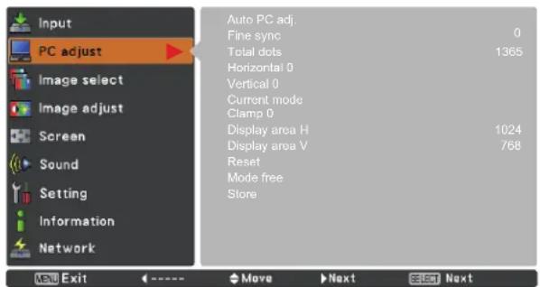 Input PC adjust Image select Image adjust Screen Sound Setting Information Network Auto PC adj. Fine sync 0 Total dots 1365 Horizontal 0 Vertical 0 Current mode Clamp 0 Display area H 1024 Display area V 768 Reset Mode free Store Menu Exit <----> Move Next Select Next
