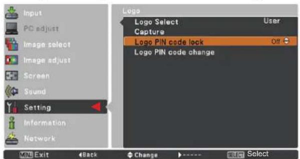 Input PC adjust Image select Image adjust Screen Sound Setting Information Network Menu Exit Back Change Select Logo Select User Capture Logo PIN code lock Off Logo PIN code change
