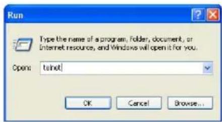 Run Type the name of a program, Folder, document, or Internet resource, and Windows will open it for you. Open: telnet OK Cancel Browse...