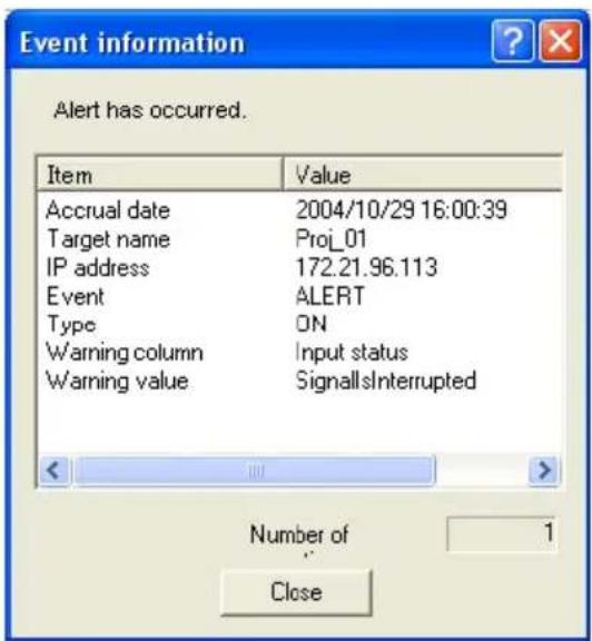 Event information Alert has occurred. Item Value Accrual date 2004/10/29 16:00:39 Target name Proj_01 IP address 172.21.96.113 Event ALERT Type ON Warning column.Input status Warning value SignallsInterrupted Number of 1 Close
