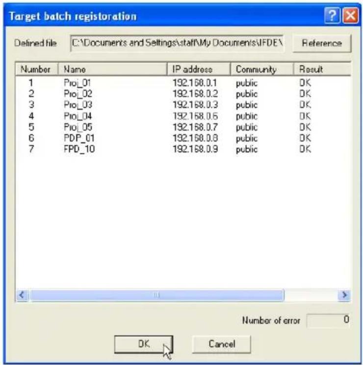 Target batch registration Defined file C:\Documents and Settings\staff\My Documents\IFDE\ Reference Number Name IP address Community Result 1 Pro_01 192.168.0.1 public DK 2 Pro_02 192.168.0.2 public DK 3 Pro_03 192.168.0.3 public DK 4 Pro_04 192.168.0.5 public DK 5 Pro_05 192.168.0.7 public DK 6 PDP_01 192.168.0.8 public DK 7 FPD_10 192.168.0.9 public DK Number of error 0 OK Cancel