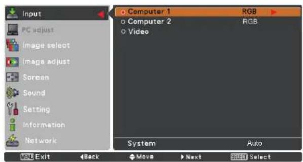 Input PC adjust Image select Image adjust Screen Sound Setting Information Network Computer 1 Computer 2 Video RGB RGB System Auto VBU Exit Back Move Next Select