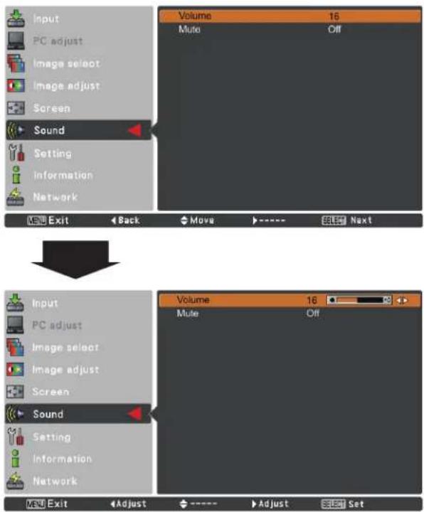 Input PC adjust Image select Image adjust Screen Sound Setting Information Network Volume 16 Mute Off Exit Back Move ---- SEL Next Input PC adjust Image select Image adjust Screen Sound Setting Information Network Volume 16 Mute Off Exit Adjust Adjust Select Set