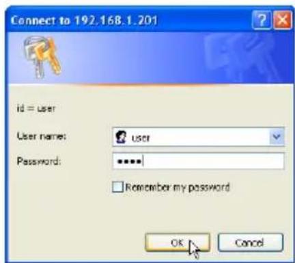 Connect to 192.168.1.201 id = user User name: user Password: ***** Remember my password OK Cancel