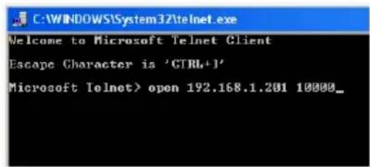 C:\WINDOWS\System32\telnet.exe Welcome to Microsoft Telnet Client Escape Character is 'CTRL+1' Microsoft Telnet> open 192.168.1.201 10000_