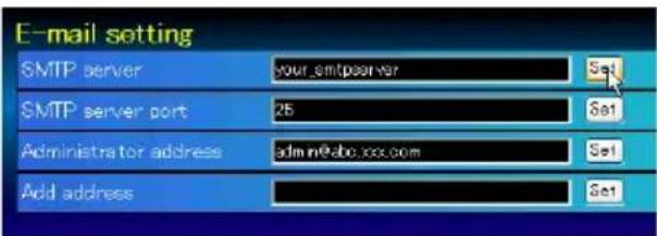 E-mail setting SMTP server your smtpserver Set SMTP server port 25 Set Administrator address admin@abc.xcc.com Set Add address Set