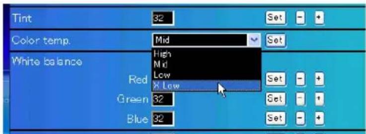 Tint 32 Set - + Color temp. Mid Set White balance High Mid Low X Low Red Green 32 Set - + Blue 32 Set - +