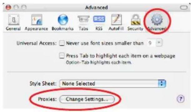 Advanced General Appearance Bookmarks Tabs RSS AutoFill Security Advanced Universal Access: Never use font sizes smaller than 9 Press Tab to highlight each item on a webpage Option-Tab highlights each item. Style Sheet: None Selected Proxies: Change Settings...