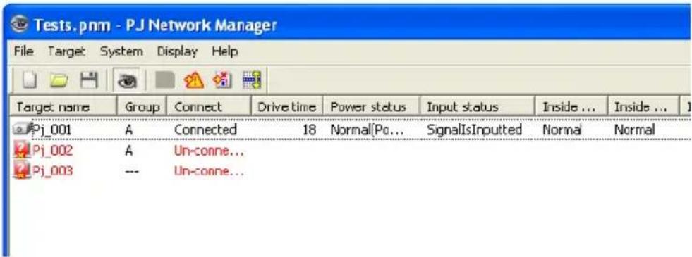 Tests.pnm - PJ Network Manager File Target System Display Help Target name Group Connect Drive time Power status Input status Inside ... Inside ... Pj_001 A Connected 18 Normal(Po... SignalIsInputted Normal Normal Pj_002 A Un-conne... Pj_003 --- Un-conne...