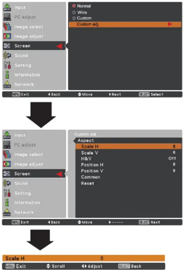 Input PC adjust Image select Image adjust Screen Sound Setting Information Network Normal Wide Custom Custom adj. VBU Exit Back Move Next SELECT Select Input PC adjust Image select Image adjust Screen Sound Setting Information Network Custom adj. Aspect Scale H 0 Scale V 0 H&V Off Position H 0 Position V 0 Common Reset MENU Exit Back Move ---- SELECT Next Scale H 0 MENU Exit Scroll Adjust Select Back