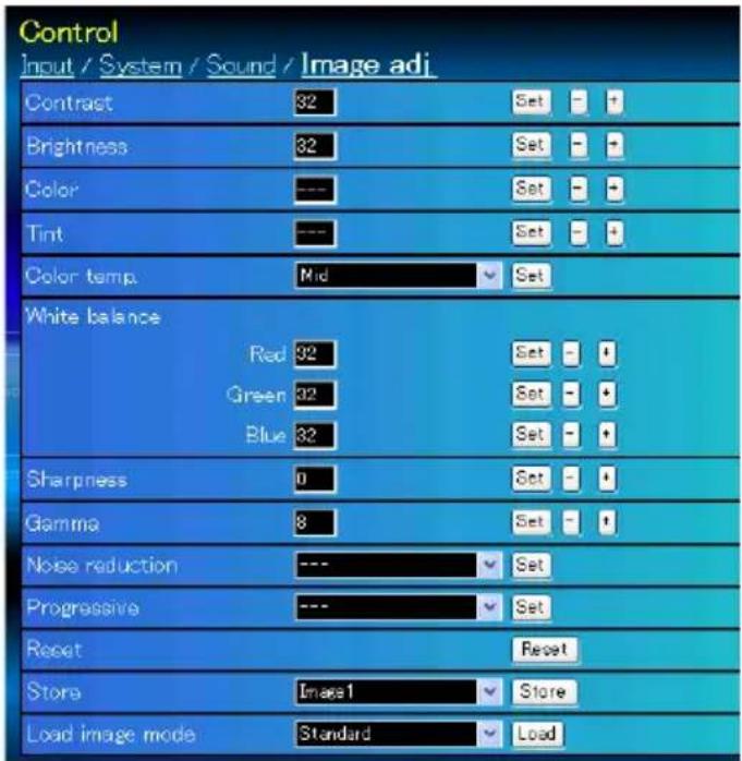 Control Input / System / Sound / Image adj. Contrast 82 Set - + Brightness 82 Set - + Color --- Set - + Tint --- Set - + Color temp. Mid Set White balance Red 92 Set - + Green 32 Set - + Blue 32 Set - + Sharpness 0 Set - + Gamma 8 Set - + Noise reduction --- Set Progressive --- Set Reset Reset Store Image1 Store Load image mode Standard Load