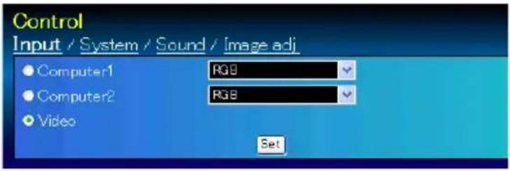 Control Input / System / Sound / Image adj • Computer1 RGB • Computer2 RGB • Video Set