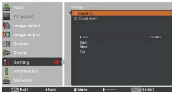 Input PC adjust Image select Image adjust Screen Sound Setting Information Network Counter Counter up Count down Timer 10 Min Start Reset Exit Enter Exit Back Move Select