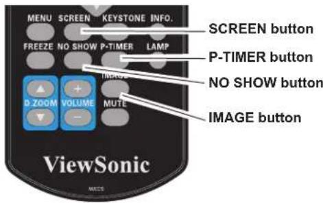 MENU SCREEN KEYSTONE INFO. FREEZE NO SHOW P-TIMER LAMP O ZOOM VOLUME MUTE SCREEN button P-TIMER button NO SHOW button IMAGE button ViewSonic MACS