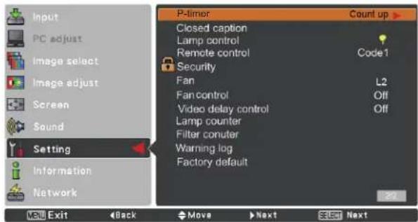 Input PC adjust Image select Image adjust Screen Sound Setting Information Network P-timer Count up > Closed caption Lamp control Remote control Code1 Security Fan L2 Fan control Off Video delay control Off Lamp counter Filter conuter Warning log Factory default 27 Exit Back Move Next Next