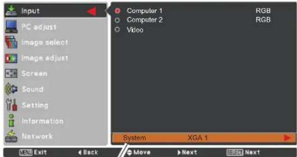 Input PC adjust Image select Image adjust Screen Sound Setting Information Network Computer 1 Computer 2 Video RGB RGB System XGA 1 END Exit Back Move Next Select Next