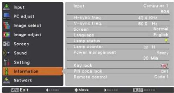 Input PC adjust Image select Image adjust Screen Sound Setting Information Network Input Computer 1 RGB H-sync freq. 43.4 KHz V-sync freq. 80.0 Hz Screen Normal Language English Lamp status Lamp counter 32 H Power management Ready 30 Min Key lock PIN code lock On1 Remote control Code 1 Exit ←→ Move →→ Select →→