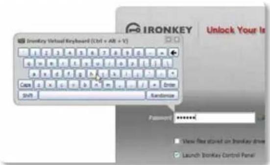 IronKey Virtual Keyboard (Ctrl + Alt + V) 1 2 3 4 5 6 7 8 9 0 ... - Cats 1 x c + b * = . . . / . Shift Randomize Password ****** View file stored on Ironkey drive Launch IronKey Control Panel IronKEY Unlock Your In